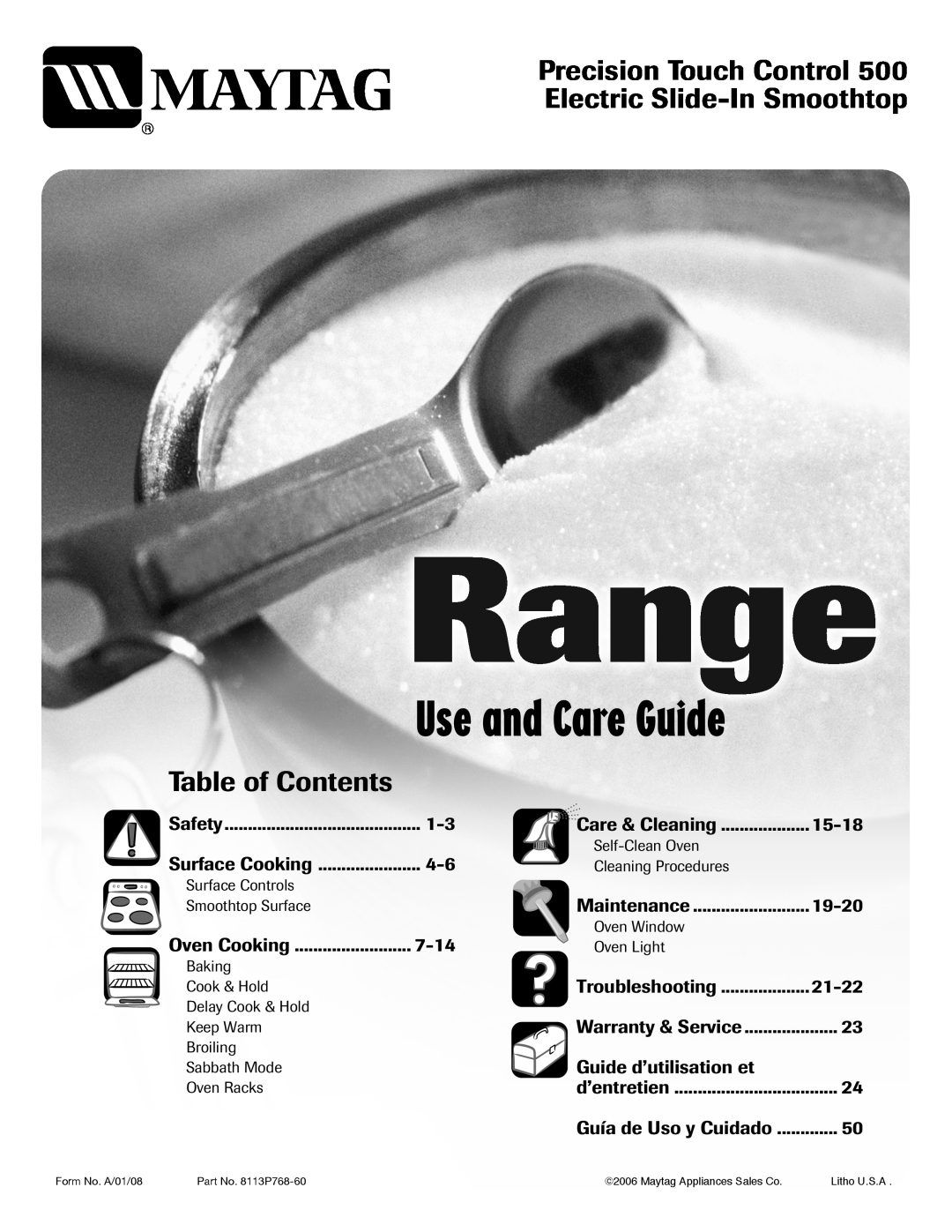 Maytag 8113P768-60 manual Use and Care Guide, Precision Touch Control Electric Slide-In Smoothtop, Table of Contents 