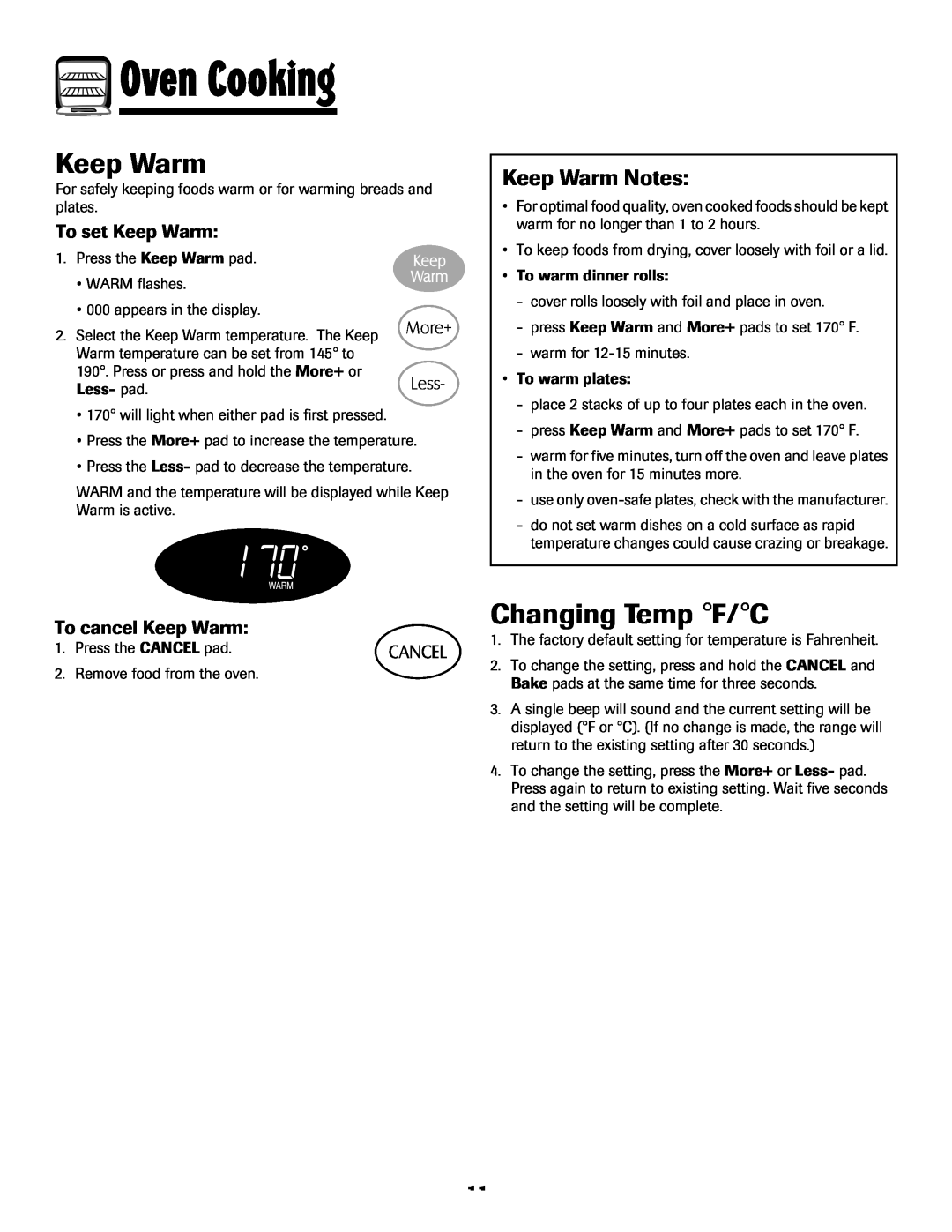 Maytag MES5752BAS, 8113P768-60 Changing Temp F/C, Keep Warm Notes, To set Keep Warm, To cancel Keep Warm, Oven Cooking 