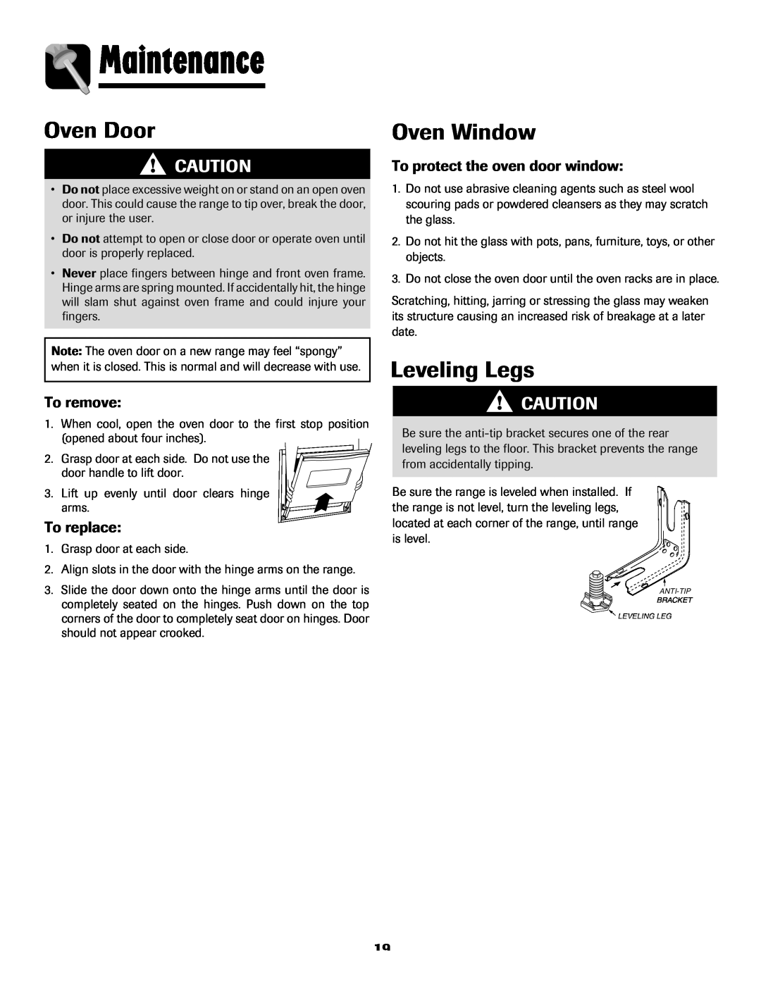 Maytag MES5752BAS manual Maintenance, Oven Door, Oven Window, Leveling Legs, To protect the oven door window, To remove 
