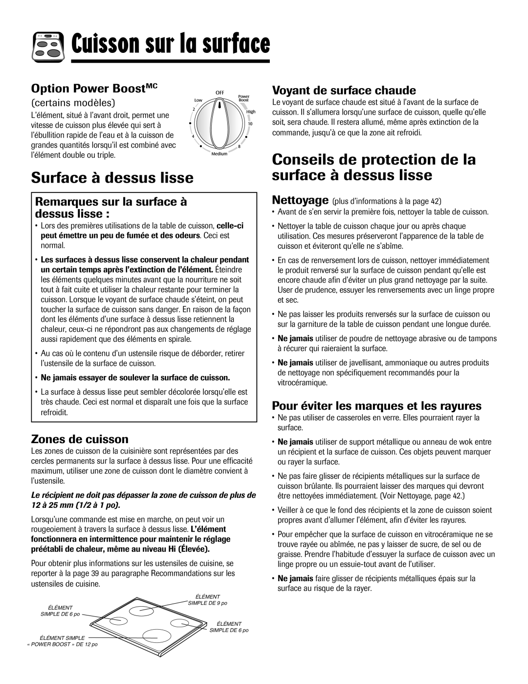 Maytag 8113P768-60 manual Surface à dessus lisse, Conseils de protection de la surface à dessus lisse, Option Power BoostMC 