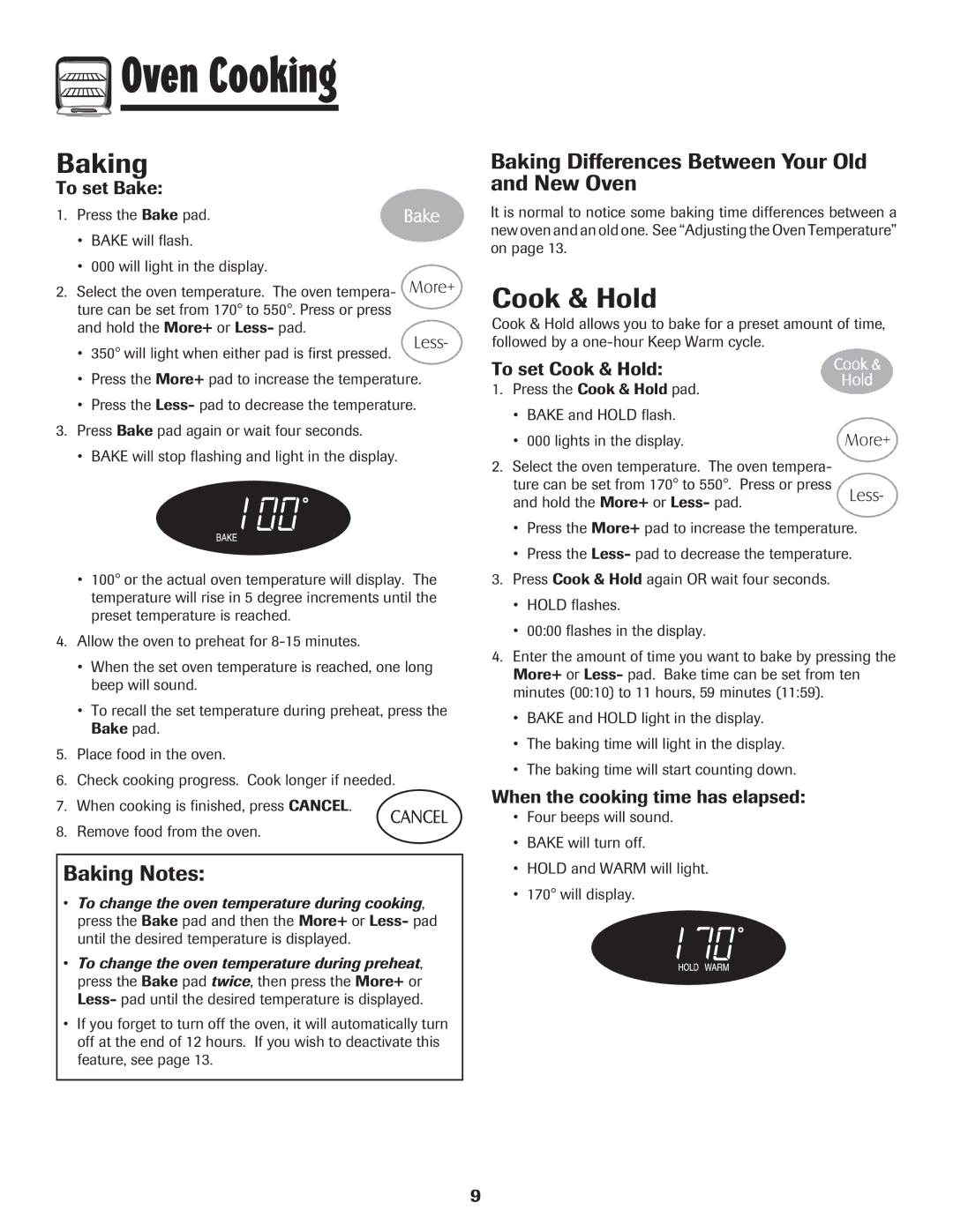 Maytag MES5752BAW manual Cook & Hold, Baking Notes, Baking Differences Between Your Old and New Oven 