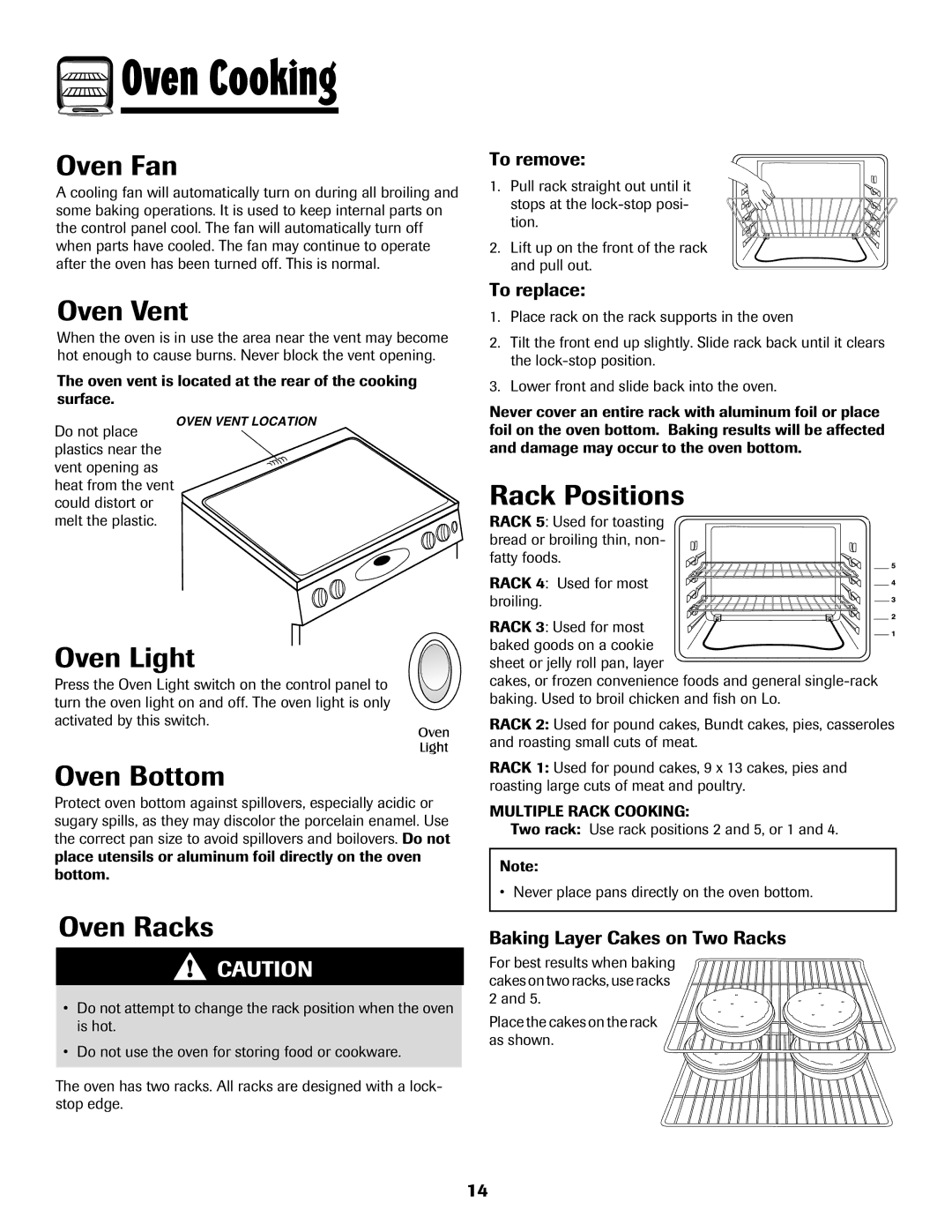 Maytag MES5752BAW manual Oven Fan, Oven Vent, Rack Positions, Oven Light, Oven Bottom, Oven Racks 