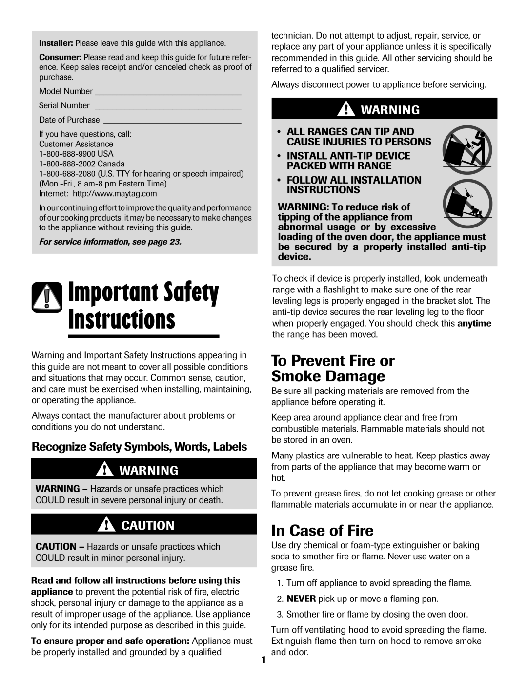 Maytag MES5752BAW Instructions, To Prevent Fire or Smoke Damage, Case of Fire, Recognize Safety Symbols, Words, Labels 