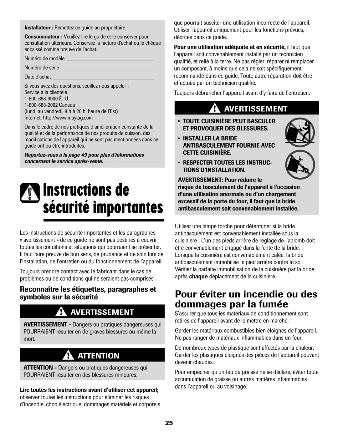 Maytag MES5752BAW manual Pour éviter un incendie ou des dommages par la fumée 