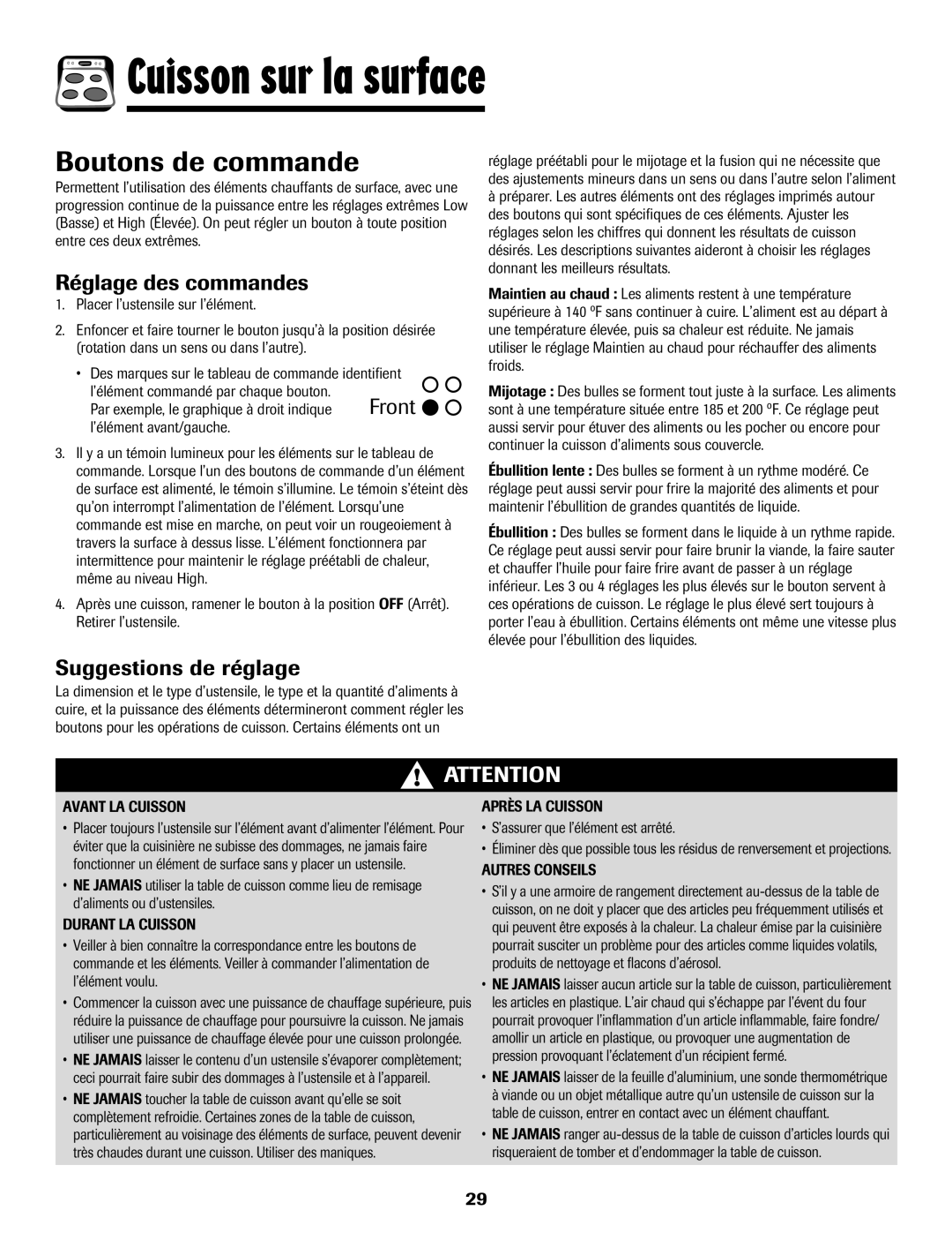 Maytag MES5752BAW manual Cuisson sur la surface, Boutons de commande, Réglage des commandes, Suggestions de réglage 