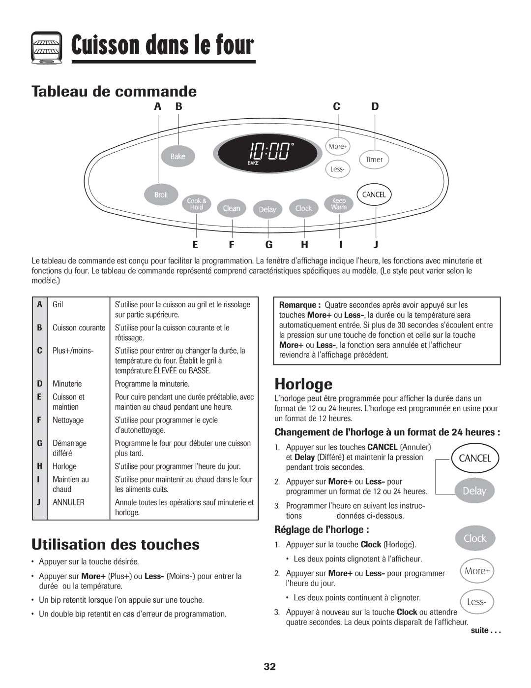 Maytag MES5752BAW manual Cuisson dans le four, Tableau de commande, Horloge, Utilisation des touches 