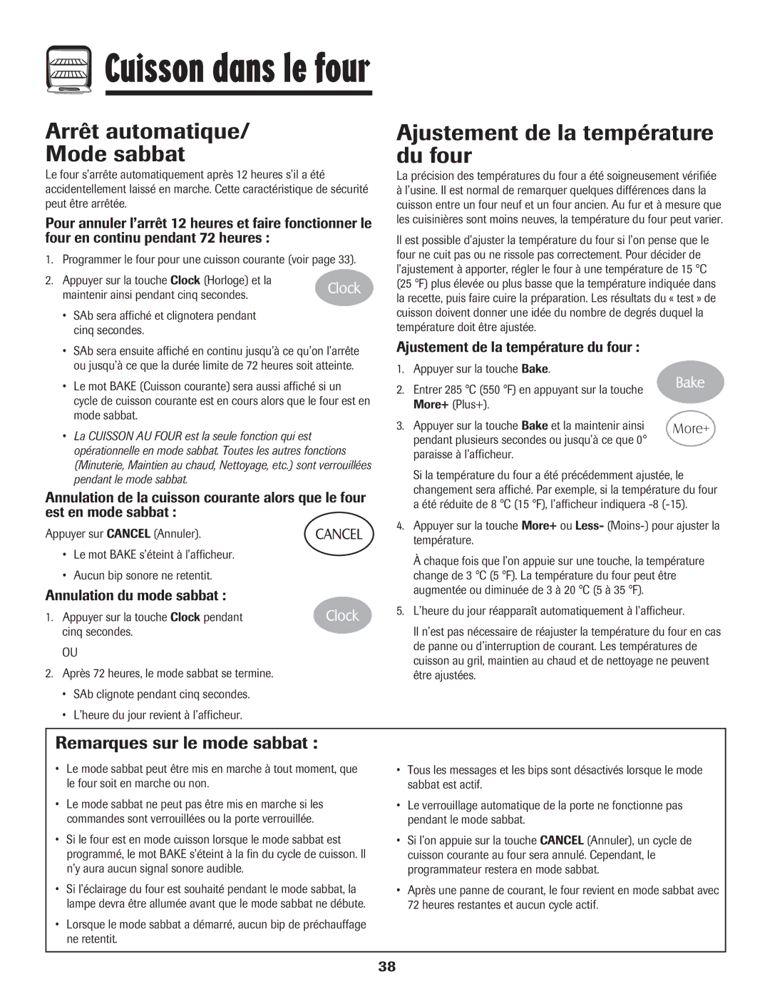 Maytag MES5752BAW manual Arrêt automatique Mode sabbat, Ajustement de la température du four, Remarques sur le mode sabbat 