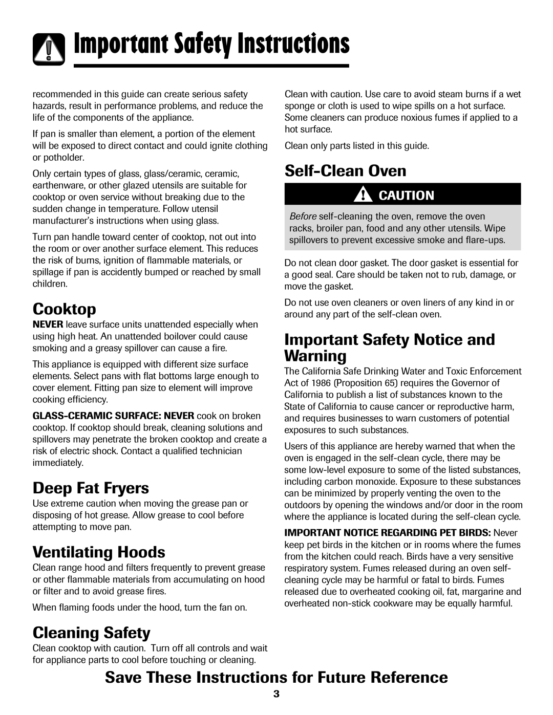 Maytag MES5752BAW manual Cooktop, Deep Fat Fryers, Ventilating Hoods, Self-Clean Oven, Important Safety Notice and Warning 