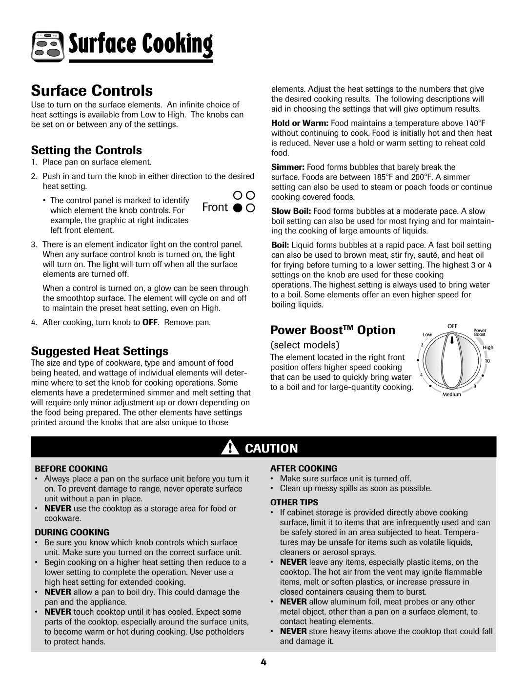 Maytag MES5752BAW manual Surface Controls, Setting the Controls, Suggested Heat Settings, Power BoostTM Option 