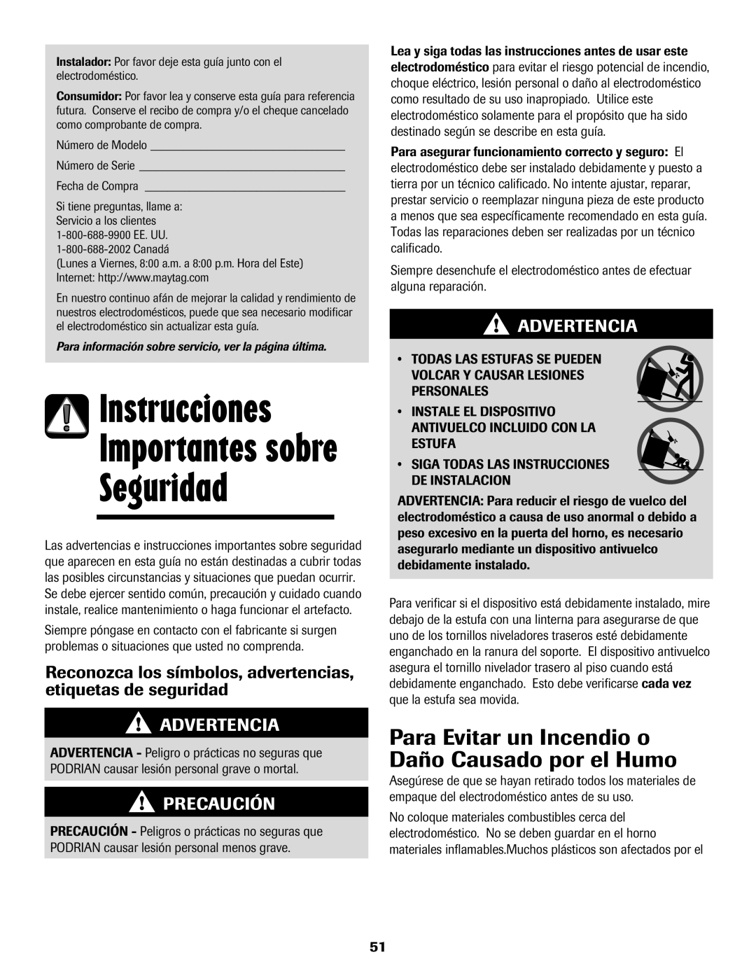 Maytag MES5752BAW manual Para Evitar un Incendio o Daño Causado por el Humo, Fecha de Compra, Canadá 