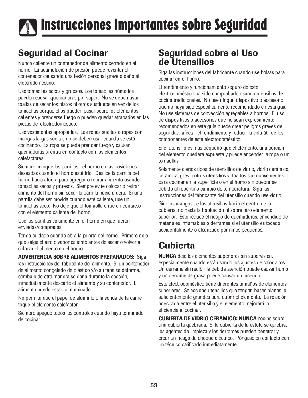 Maytag MES5752BAW manual Seguridad al Cocinar, Seguridad sobre el Uso de Utensilios, Cubierta 