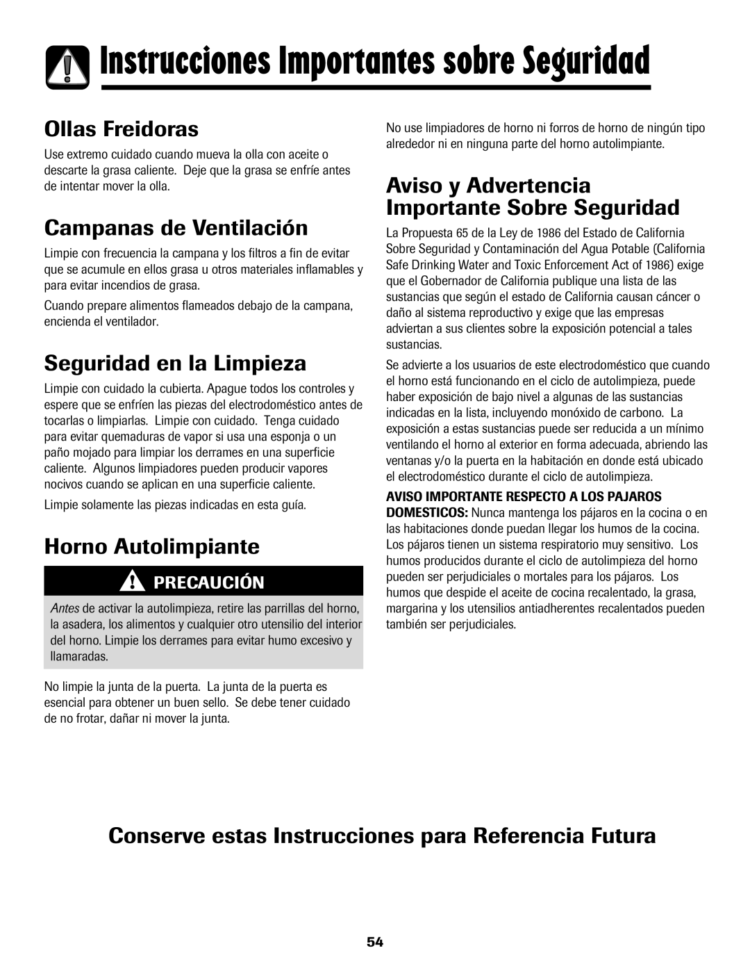 Maytag MES5752BAW manual Ollas Freidoras, Campanas de Ventilación, Seguridad en la Limpieza, Horno Autolimpiante 