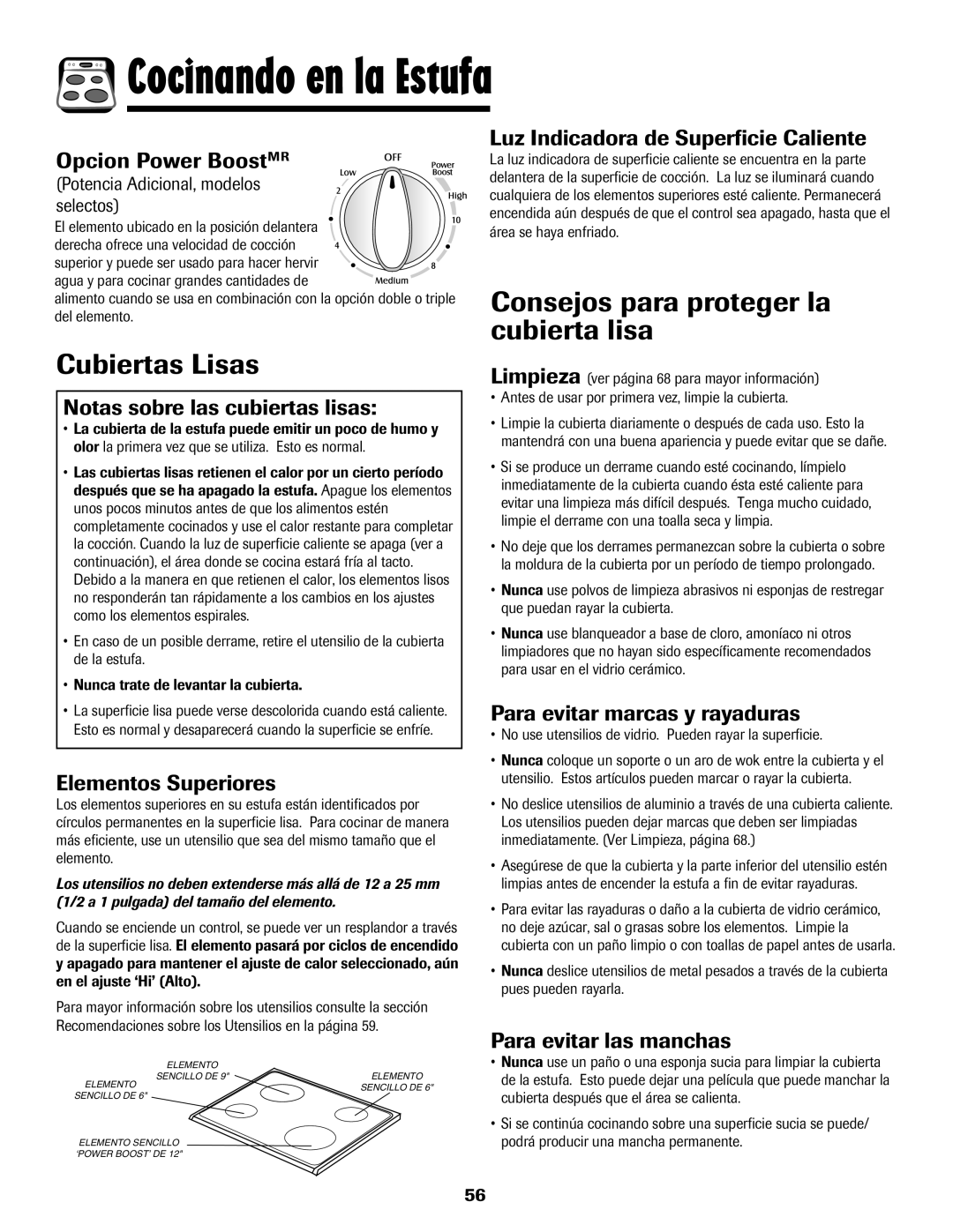 Maytag MES5752BAW manual Consejos para proteger la cubierta lisa Cubiertas Lisas 