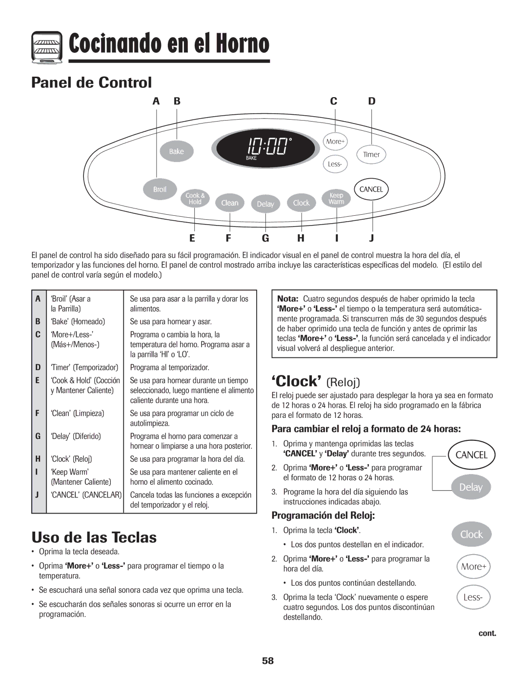 Maytag MES5752BAW manual Cocinando en el Horno, Panel de Control, Uso de las Teclas, ‘Clock’ Reloj 