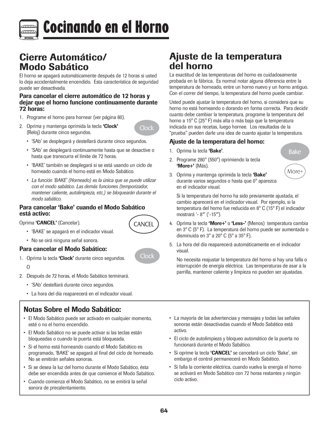 Maytag MES5752BAW manual Cierre Automático Modo Sabático, Ajuste de la temperatura del horno, Notas Sobre el Modo Sabático 