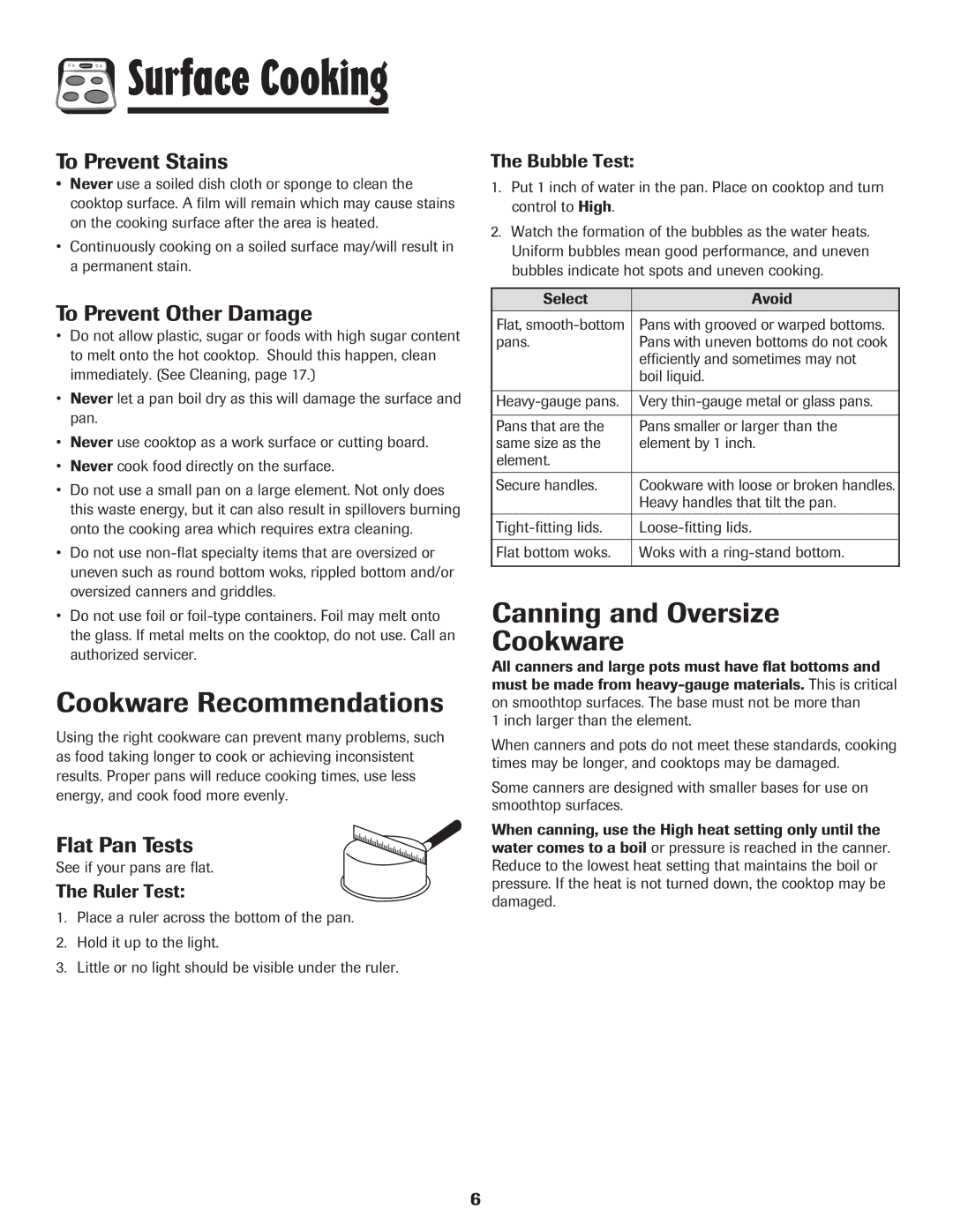 Maytag MES5752BAW Cookware Recommendations, Canning and Oversize Cookware, To Prevent Stains, To Prevent Other Damage 