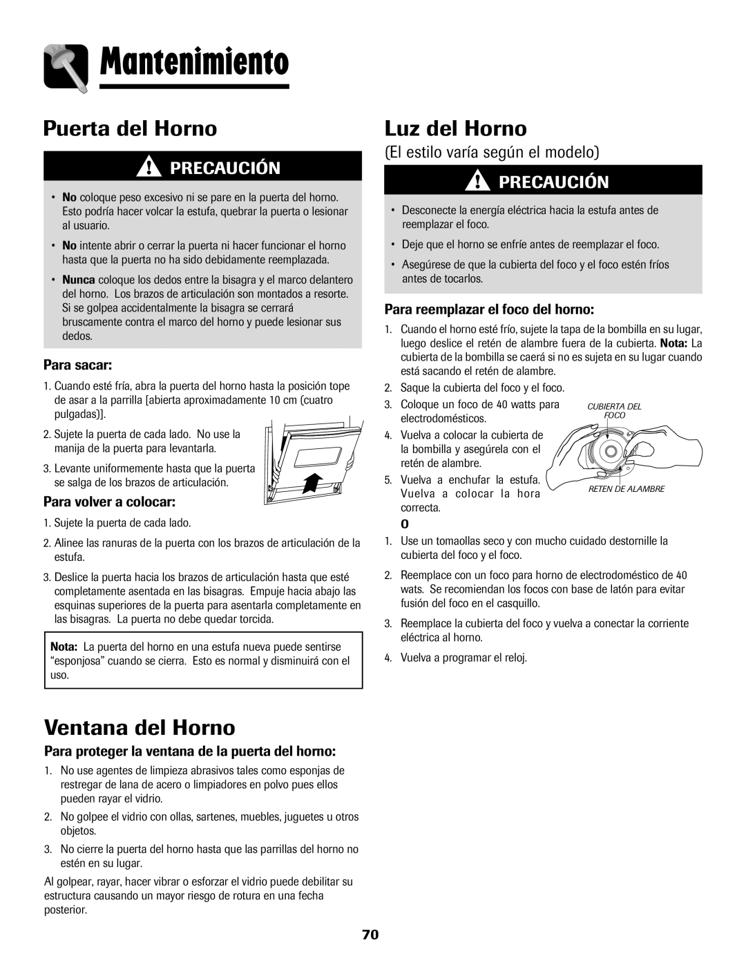 Maytag MES5752BAW manual Mantenimiento, Puerta del Horno, Luz del Horno, Ventana del Horno, El estilo varía según el modelo 