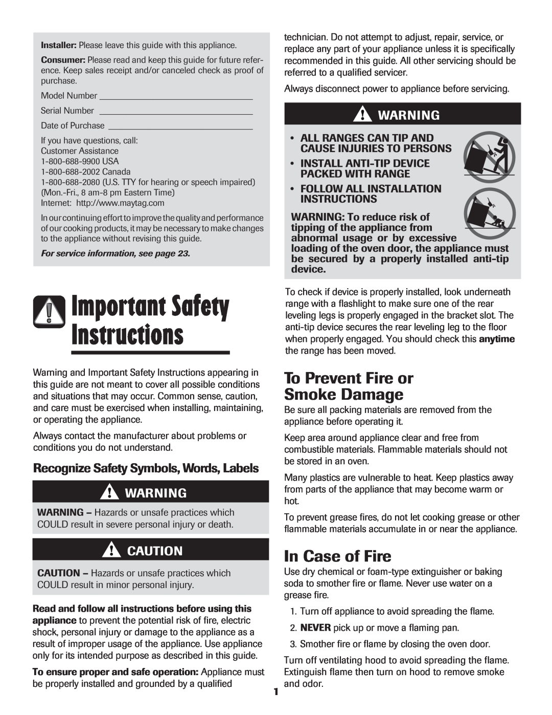 Maytag MES5752BAW manual Instructions, Important Safety, To Prevent Fire or Smoke Damage, In Case of Fire 