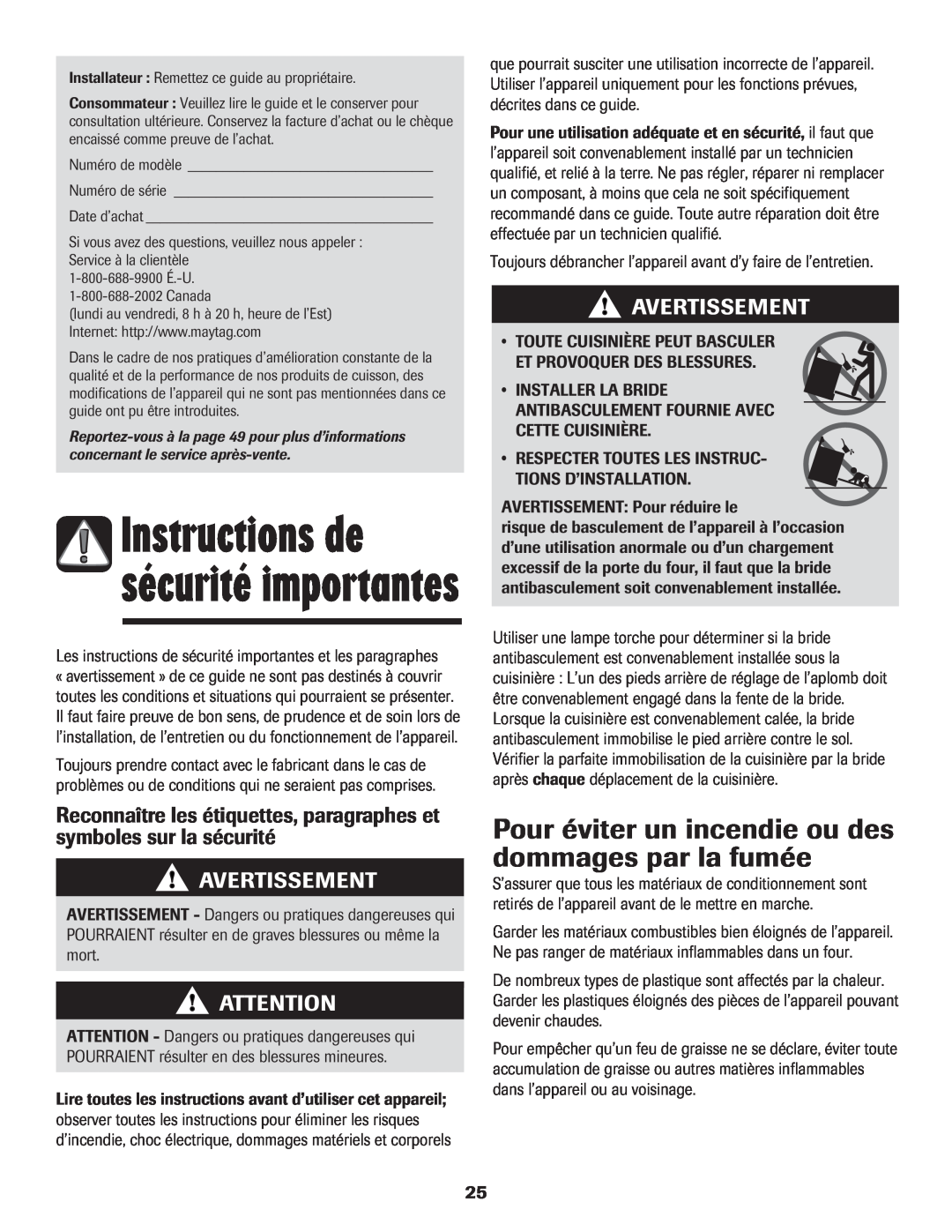 Maytag MES5752BAW manual Avertissement, Instructions de sécurité importantes 