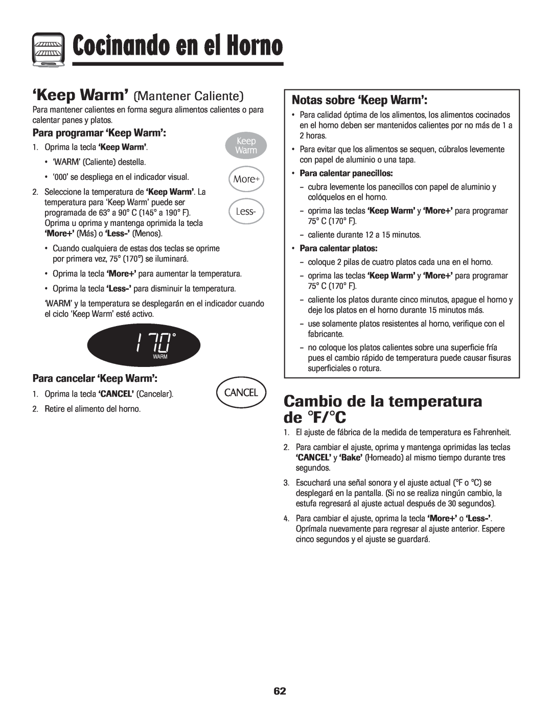 Maytag MES5752BAW manual Cambio de la temperatura de F/C, ‘Keep Warm’ Mantener Caliente, Notas sobre ‘Keep Warm’ 