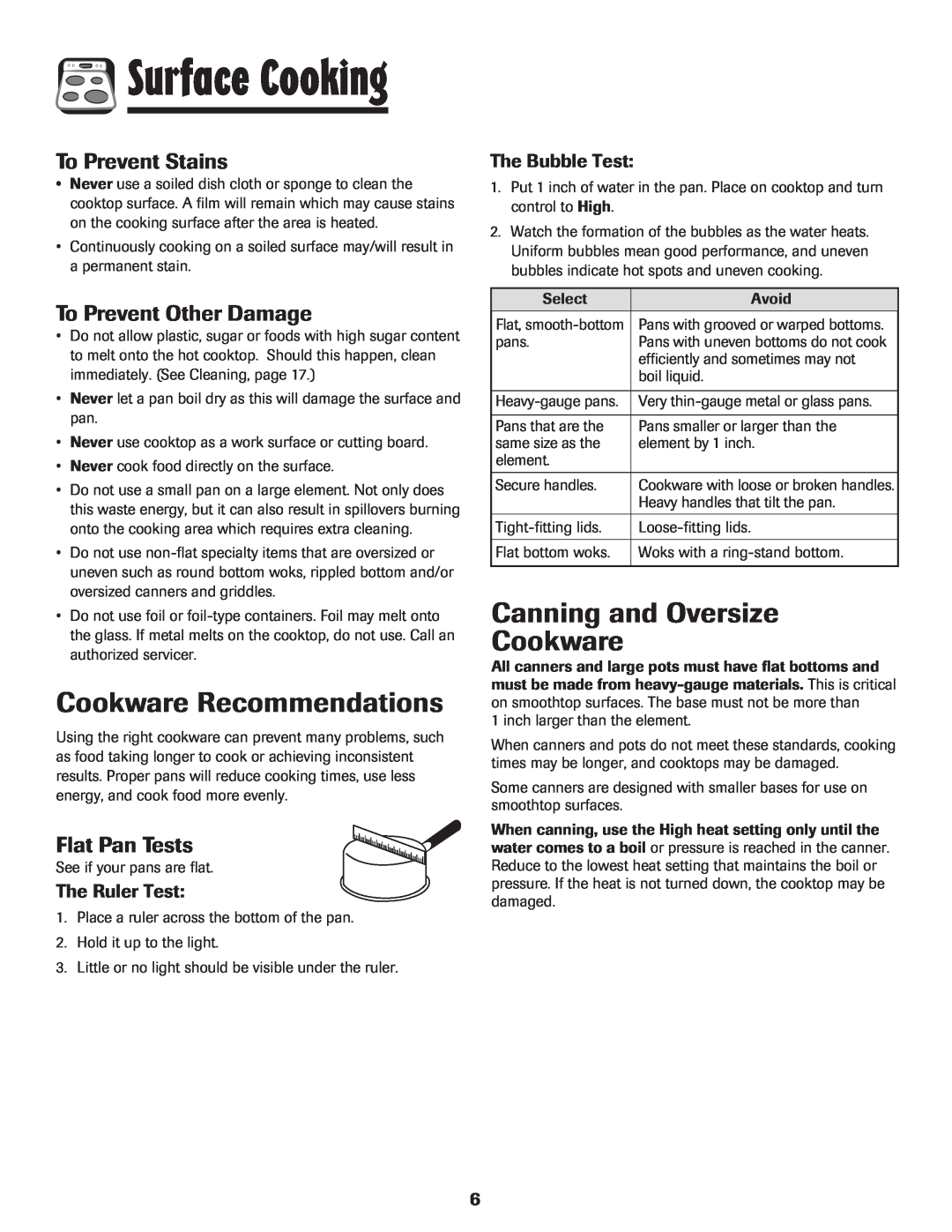 Maytag MES5752BAW Cookware Recommendations, Canning and Oversize Cookware, To Prevent Stains, To Prevent Other Damage 