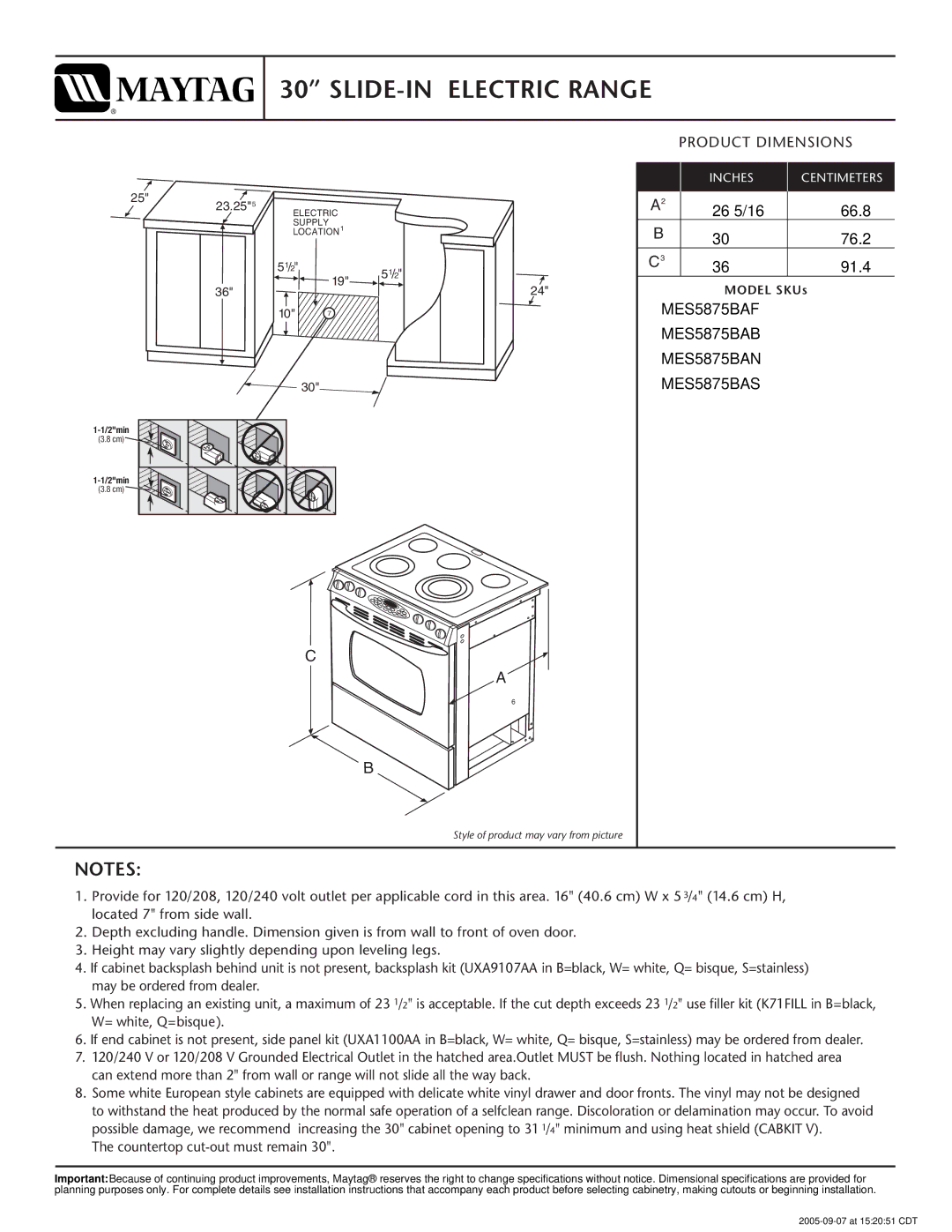 Maytag dimensions SLIDE-IN Electric Range, Product Dimensions, MES5875BAF MES5875BAB MES5875BAN MES5875BAS 