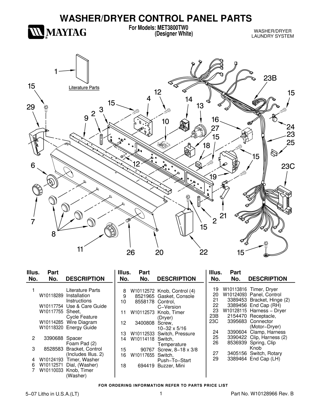 Maytag MET3800TW0 installation instructions WASHER/DRYER Control Panel Parts, Illus. Part No. No. Description 