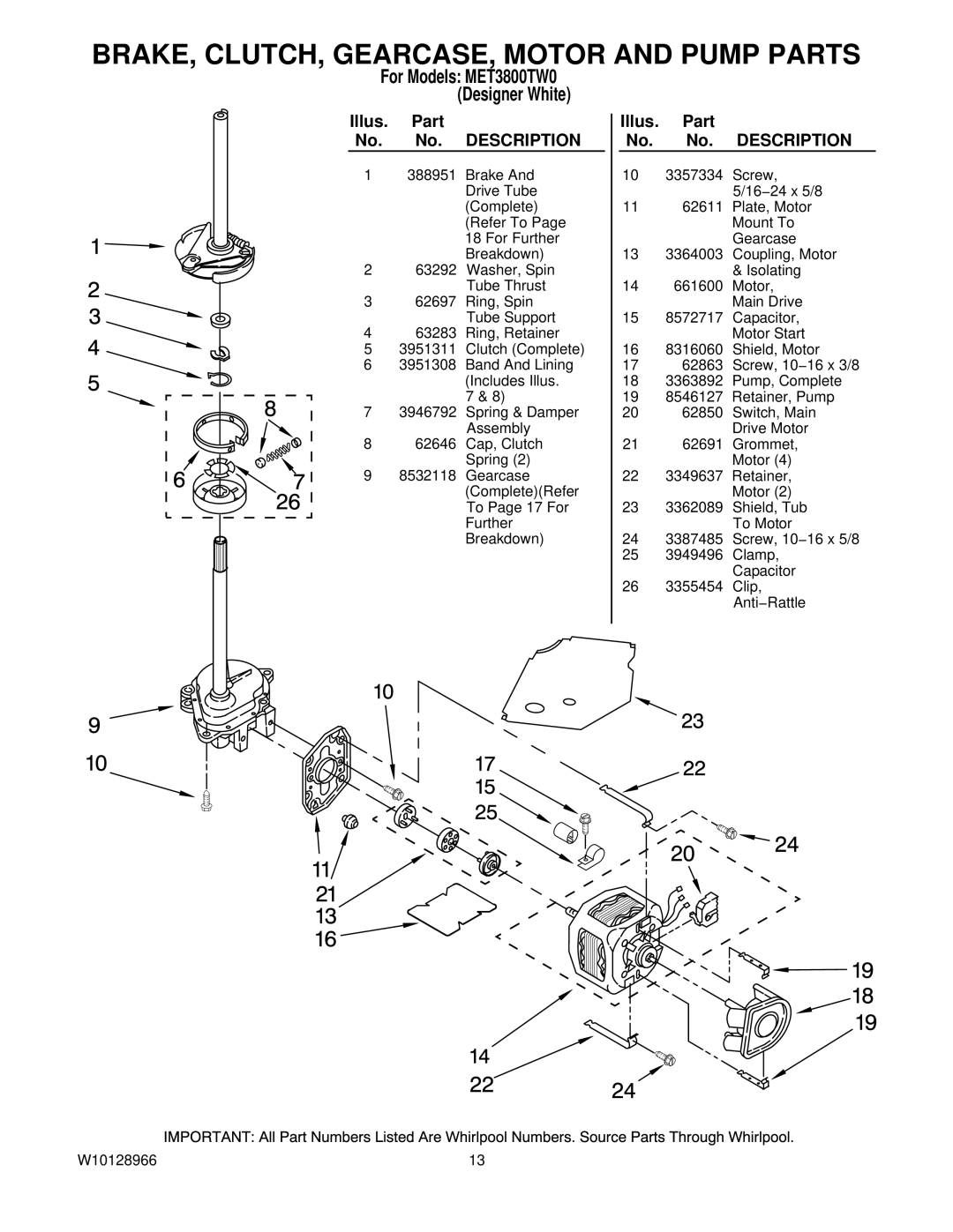 Maytag MET3800TW0 installation instructions BRAKE, CLUTCH, GEARCASE, Motor and Pump Parts 