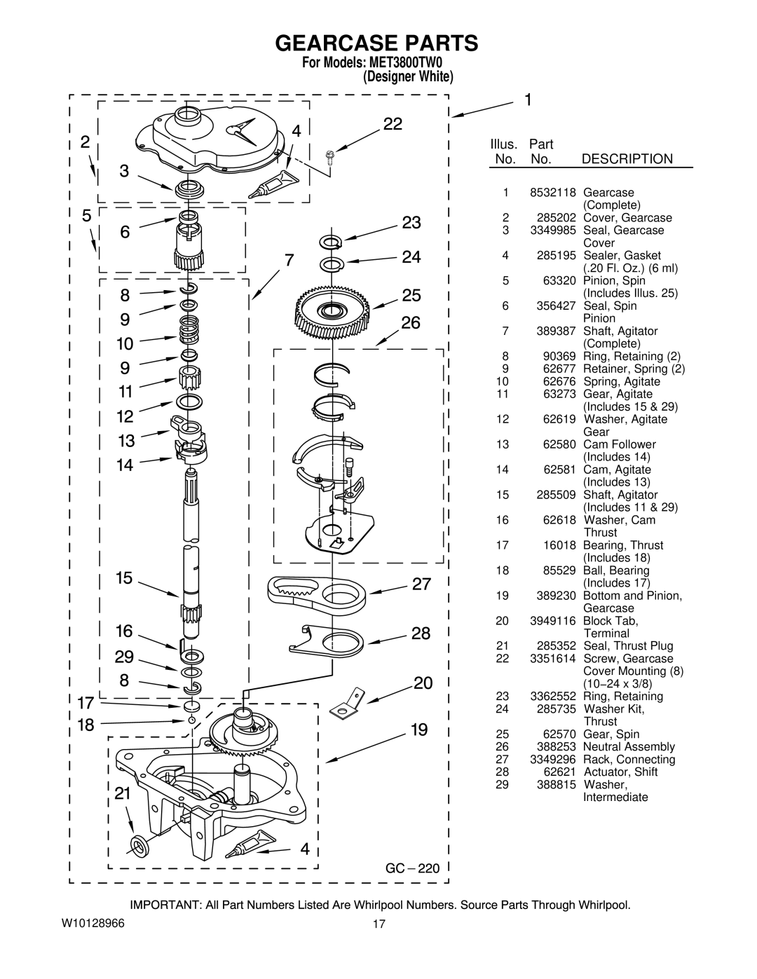 Maytag MET3800TW0 installation instructions Gearcase Parts, Illus. Part No. No. Description 