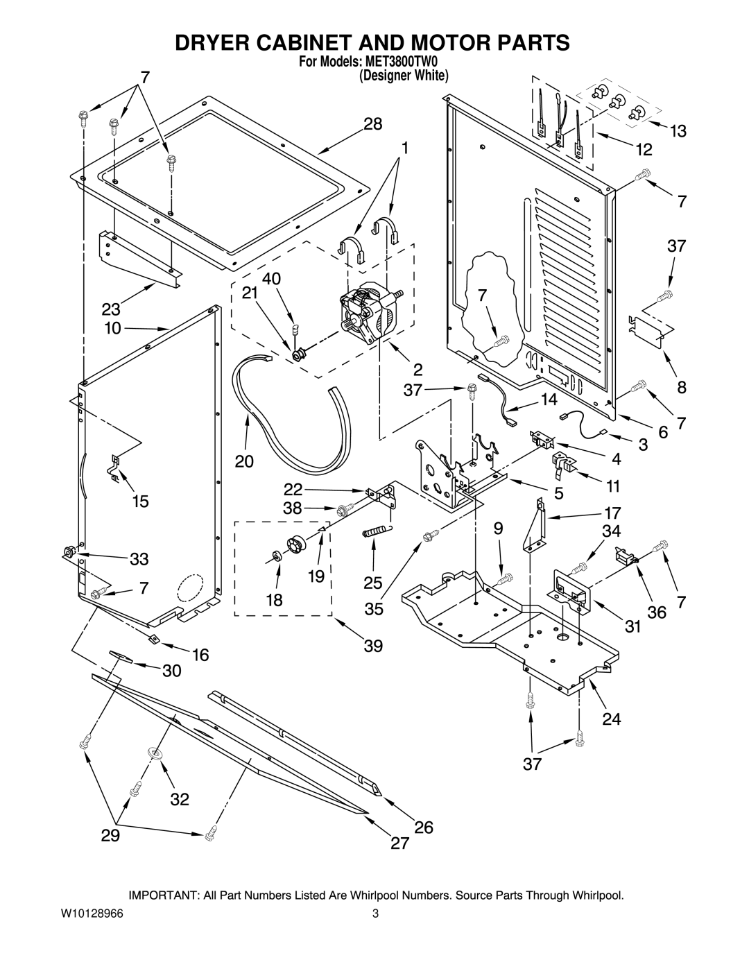 Maytag MET3800TW0 installation instructions Dryer Cabinet and Motor Parts 