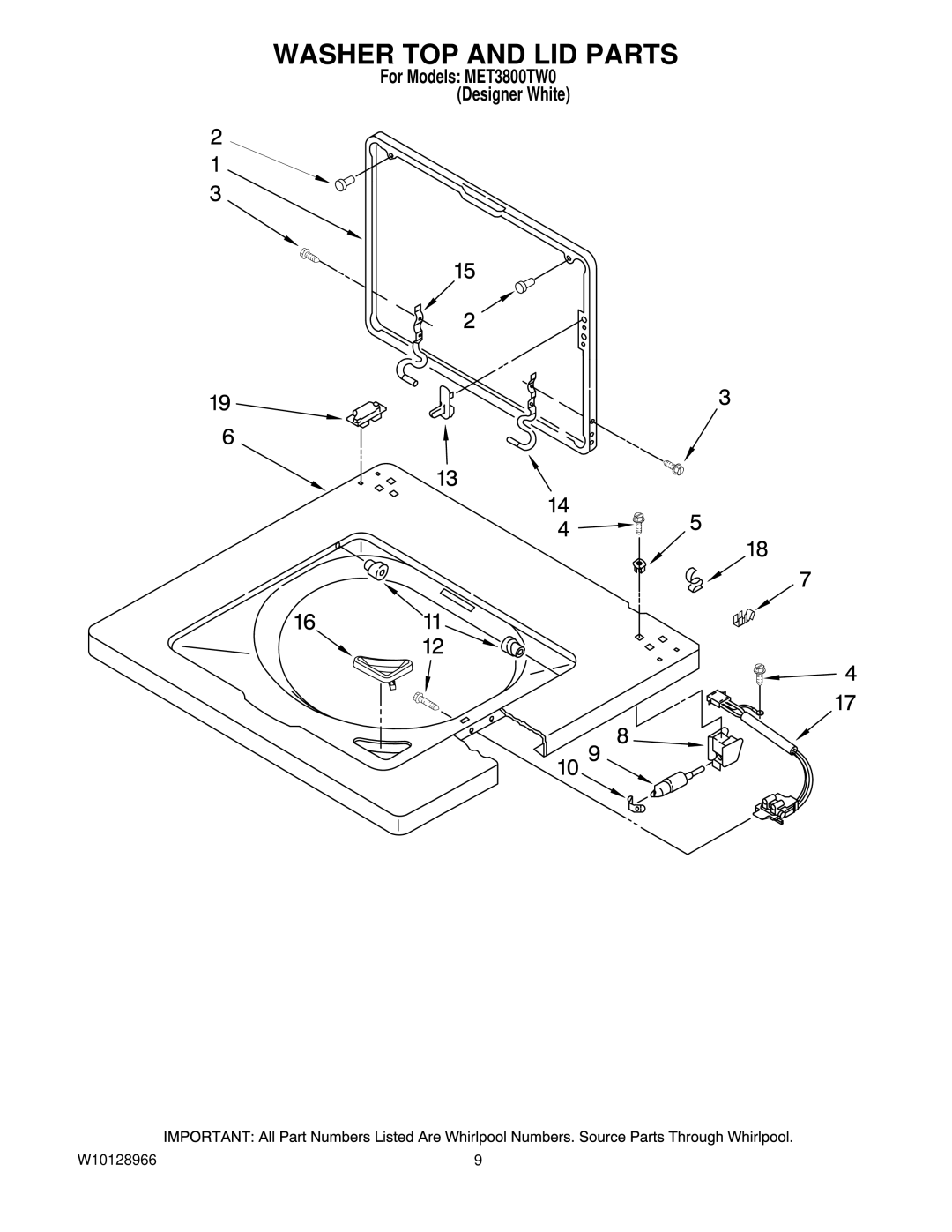 Maytag MET3800TW0 installation instructions Washer TOP and LID Parts 