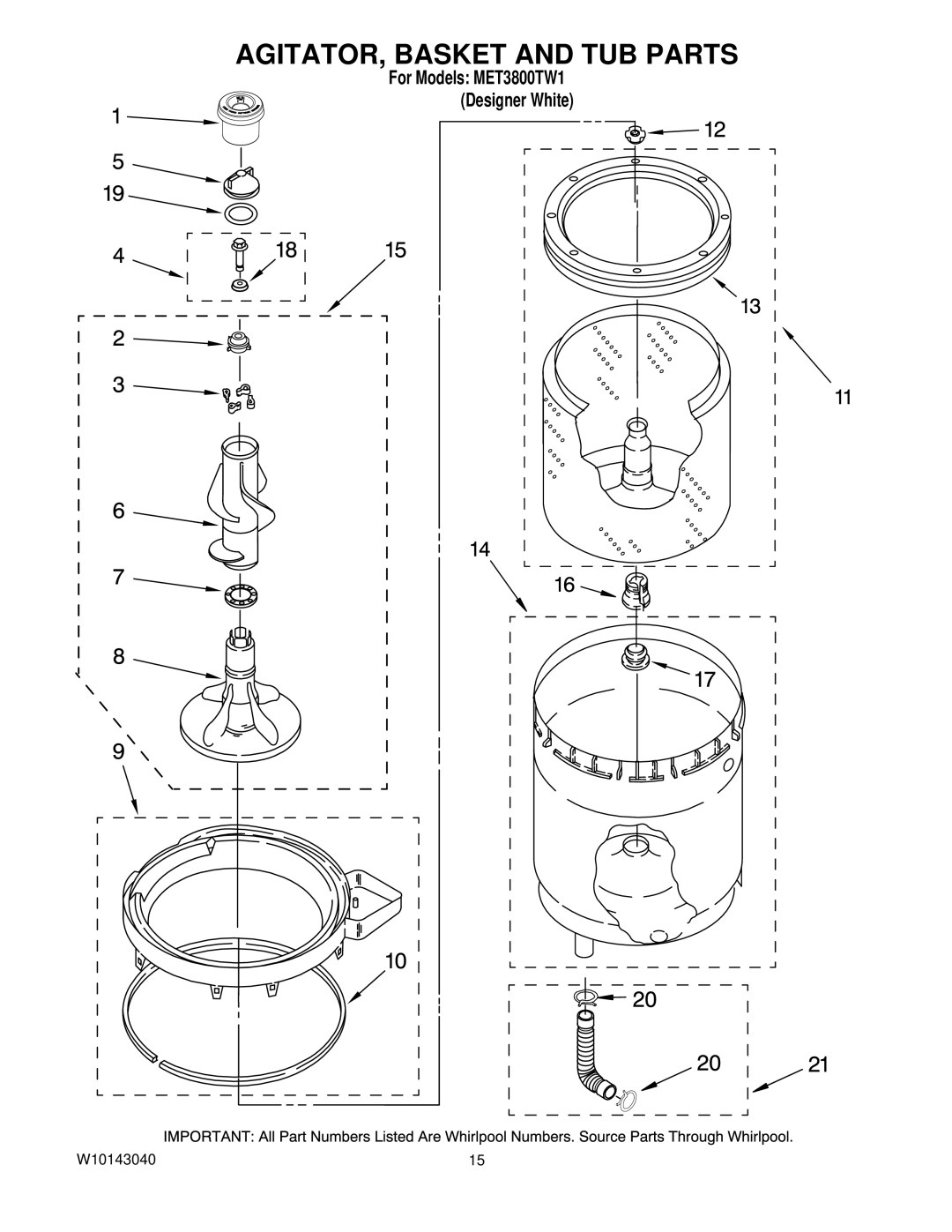 Maytag MET3800TW1 installation instructions AGITATOR, Basket and TUB Parts 