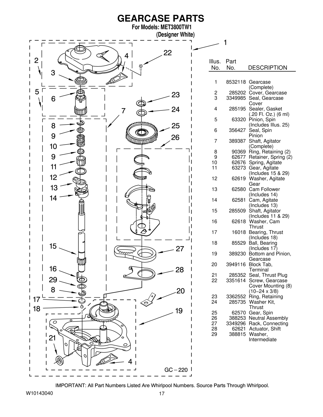 Maytag MET3800TW1 installation instructions Gearcase Parts, Illus. Part No. No. Description 