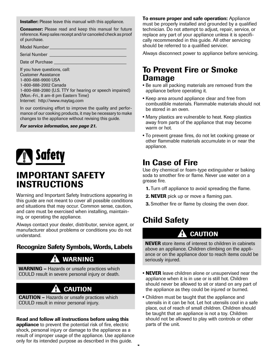 Maytag MEW6630DDW To Prevent Fire or Smoke Damage, Case of Fire, Child Safety, Recognize Safety Symbols, Words, Labels 