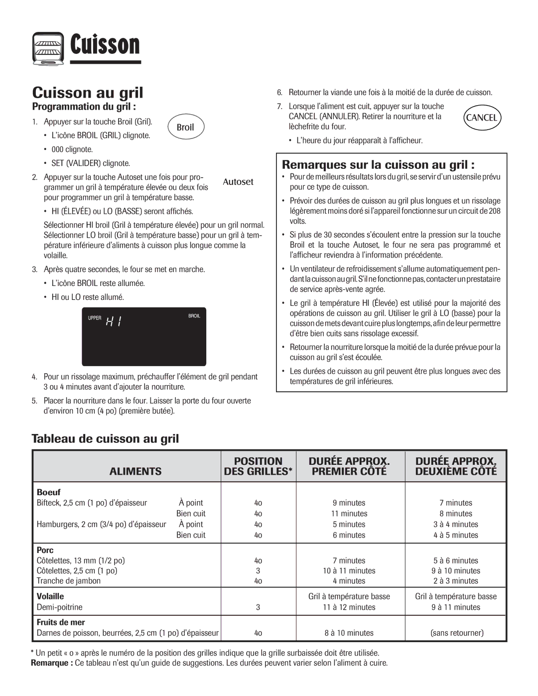 Maytag MEW6630DDW Cuisson au gril, Tableau de cuisson au gril Remarques sur la cuisson au gril, Programmation du gril 