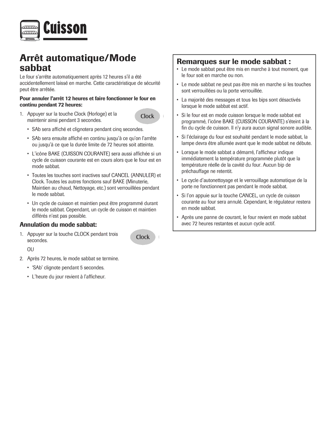 Maytag MEW6630DDW warranty Arrêt automatique/Mode sabbat, Remarques sur le mode sabbat, Annulation du mode sabbat 