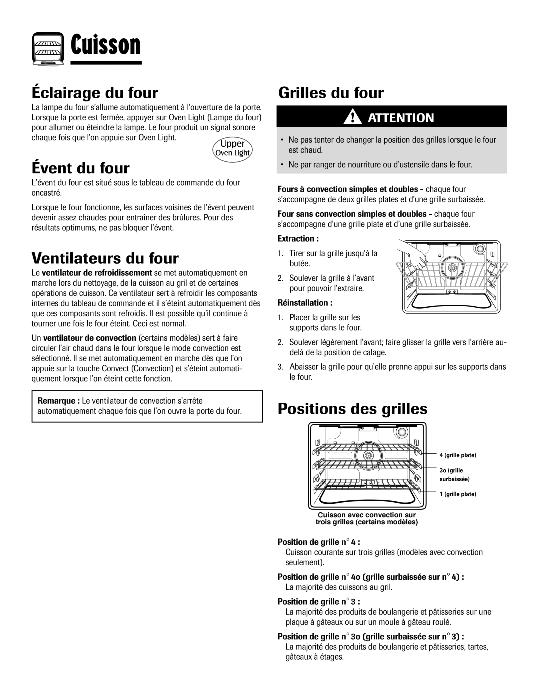 Maytag MEW6630DDW warranty Éclairage du four, Évent du four, Ventilateurs du four, Grilles du four, Positions des grilles 