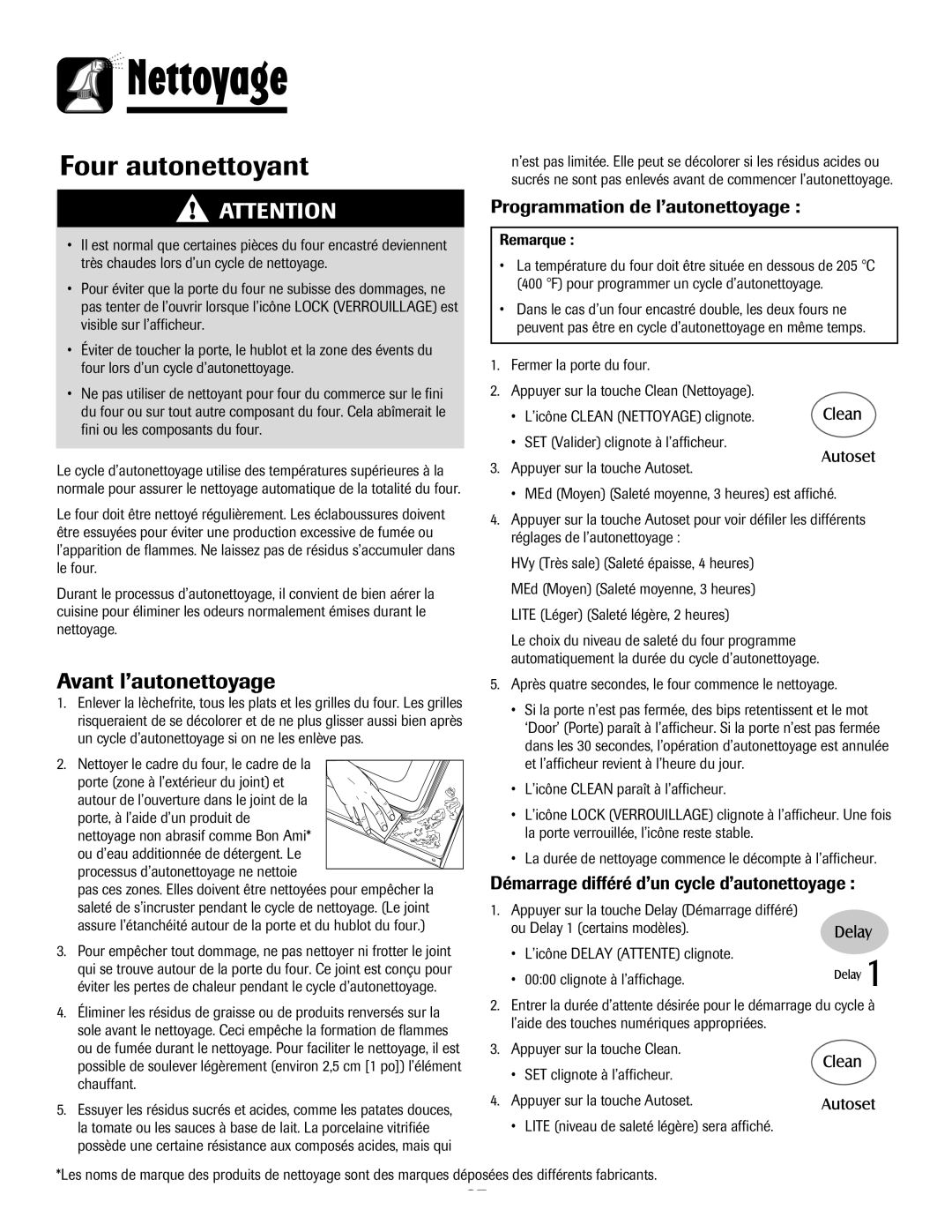 Maytag MEW6630DDW warranty Nettoyage, Avant l’autonettoyage, Programmation de l’autonettoyage 