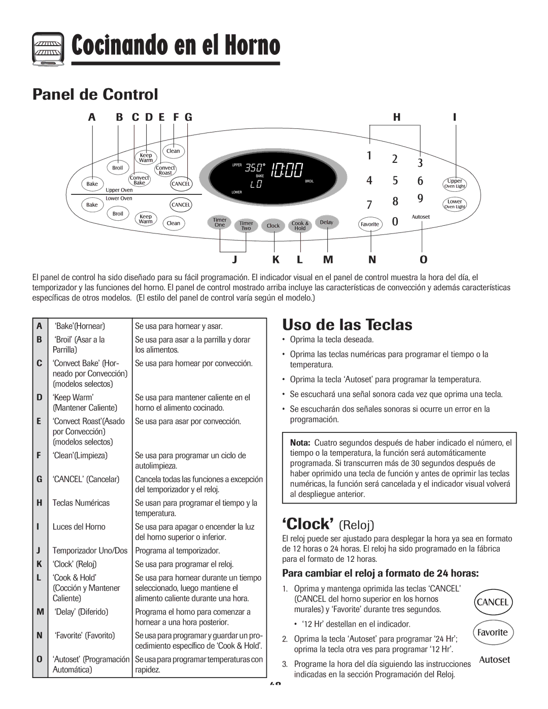 Maytag MEW6630DDW warranty Cocinando en el Horno, Panel de Control, Uso de las Teclas, ‘Clock’ Reloj 