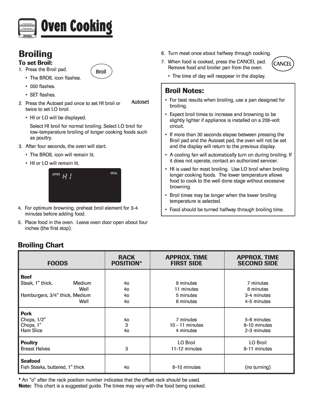 Maytag MEW6630DDW warranty Broiling Chart, Broil Notes, To set Broil, Rack, Approx. Time, Foods, Position, Oven Cooking 
