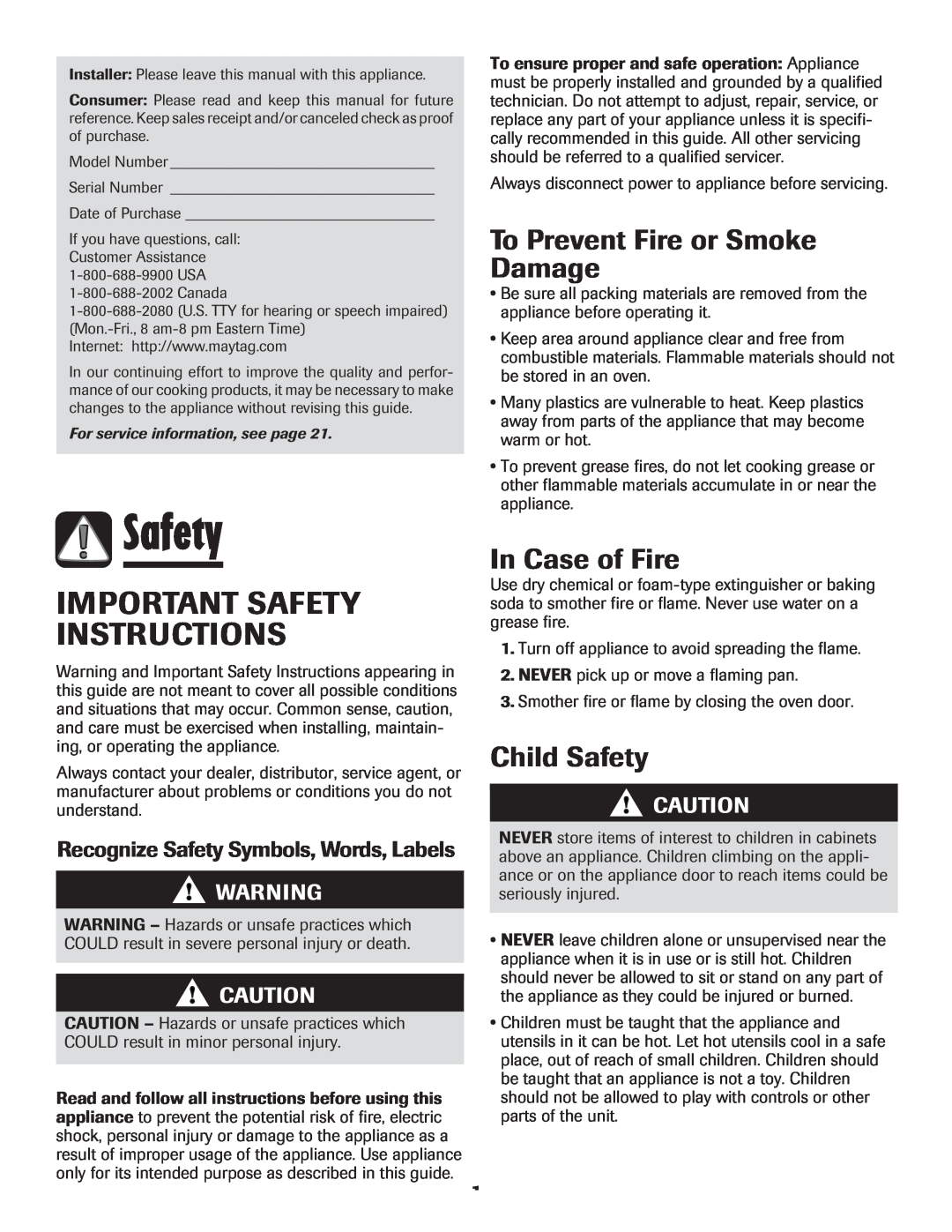 Maytag MEW6630DDW To Prevent Fire or Smoke Damage, In Case of Fire, Child Safety, Important Safety Instructions 