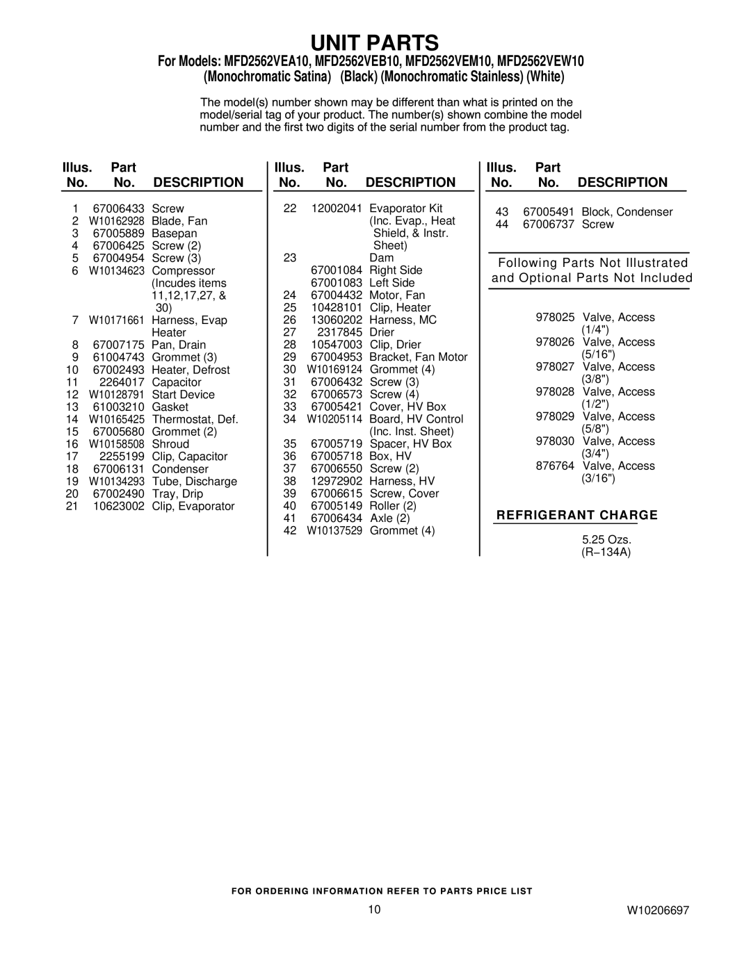 Maytag MFD2562VEA10, MFD2562VEB10, MFD2562VEM10, MFD2562VEW10 manual Refrigerant Charge 