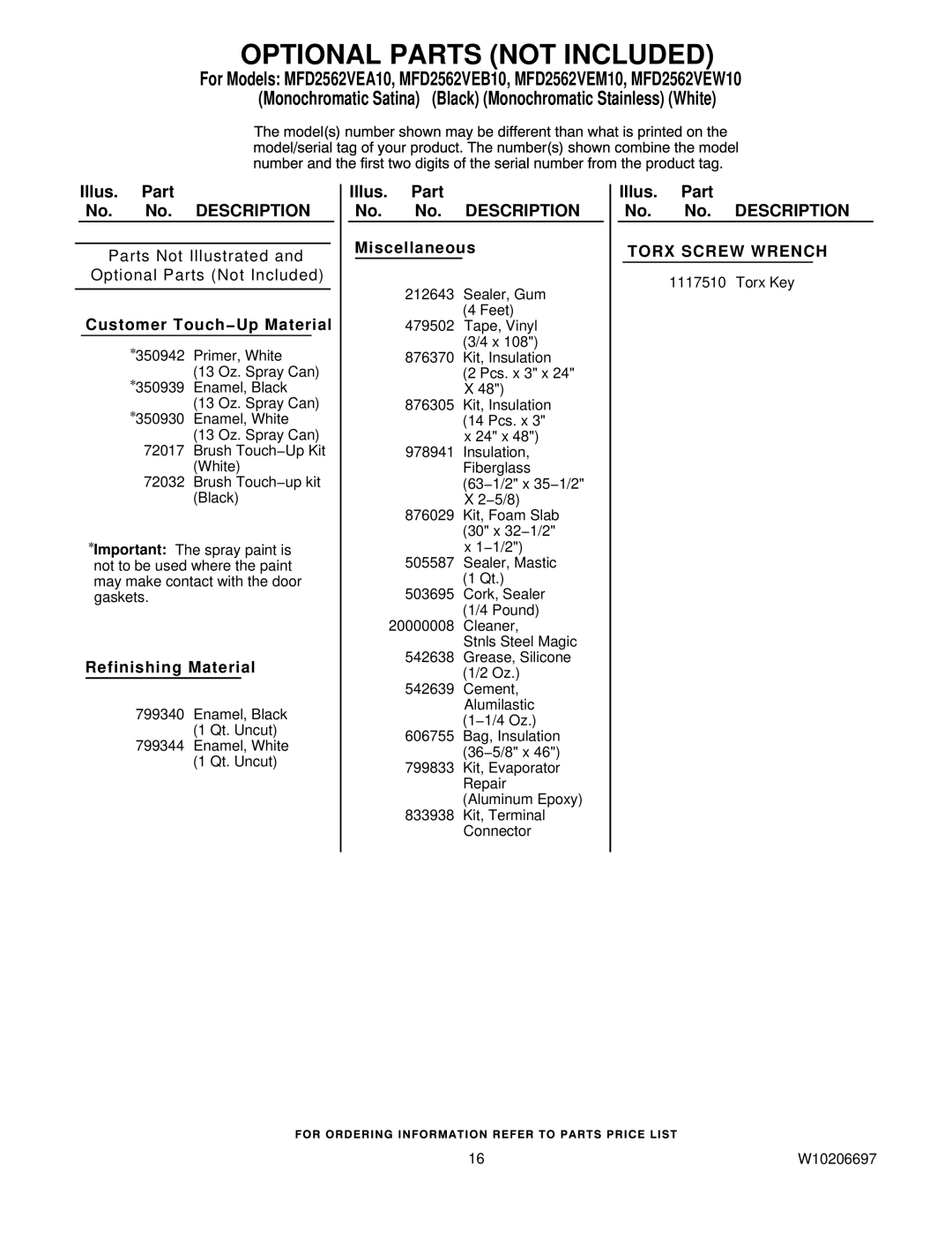 Maytag MFD2562VEB10, MFD2562VEM10, MFD2562VEA10, MFD2562VEW10 manual Optional Parts not Included, Customer Touch−Up Material 