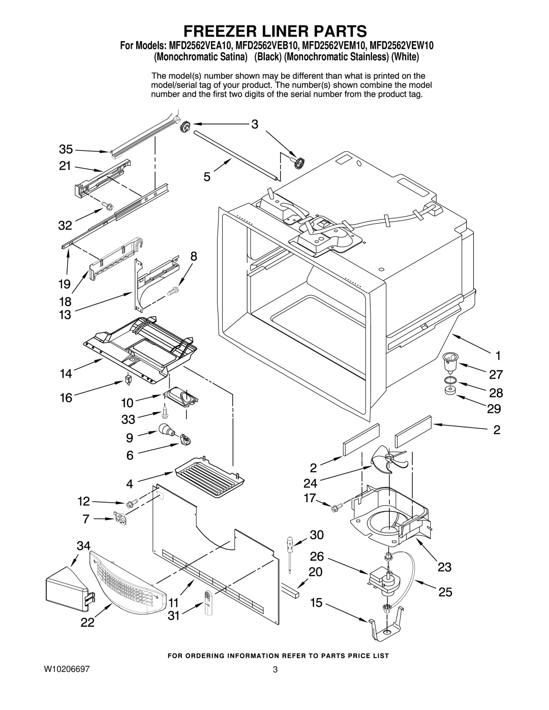 Maytag MFD2562VEW10, MFD2562VEB10, MFD2562VEM10, MFD2562VEA10 manual Freezer Liner Parts 