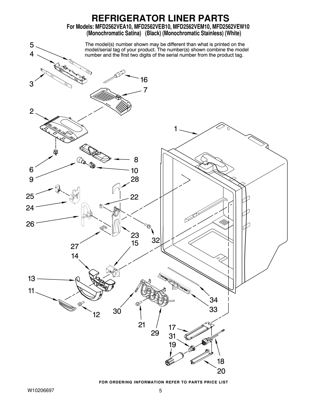 Maytag MFD2562VEM10, MFD2562VEB10, MFD2562VEA10, MFD2562VEW10 manual Refrigerator Liner Parts 