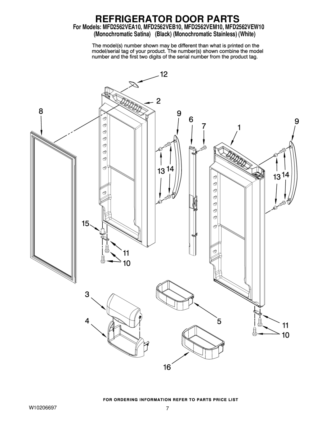 Maytag MFD2562VEW10, MFD2562VEB10, MFD2562VEM10, MFD2562VEA10 manual Refrigerator Door Parts 