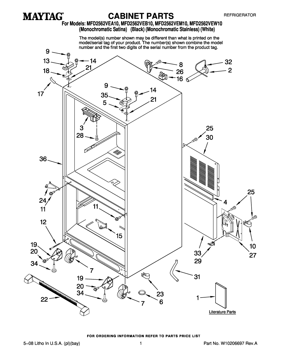Maytag MFD2562VEM10, MFD2562VEB10 manual Cabinet Parts, 5−08 Litho In U.S.A. plbay, Part No. W10206697 Rev.A, Refrigerator 