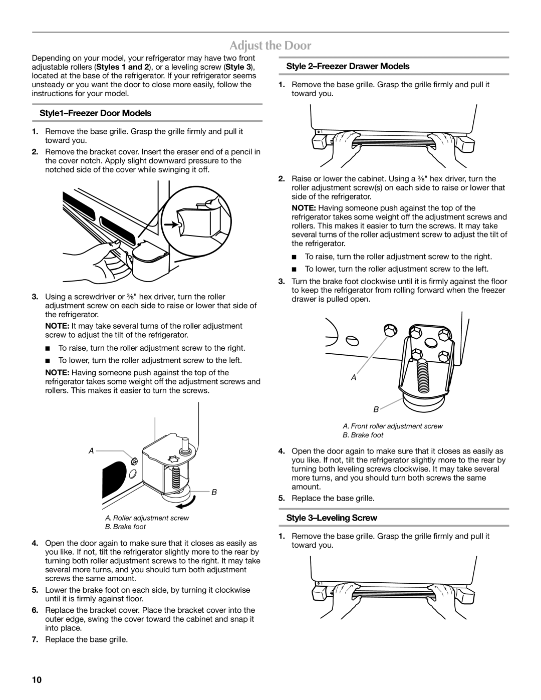 Maytag MFD2562VEW Adjust the Door, Style 2-Freezer Drawer Models, Style1-Freezer Door Models, Style 3-Leveling Screw 