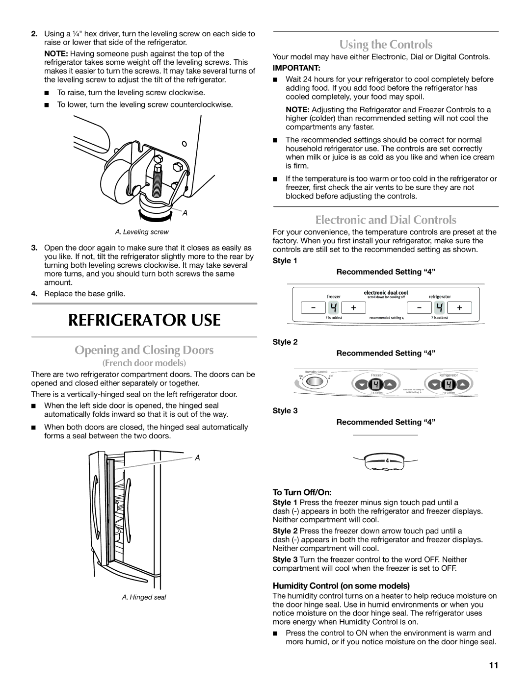 Maytag MFD2562VEW Refrigerator USE, Opening and Closing Doors, Using the Controls, Electronic and Dial Controls 