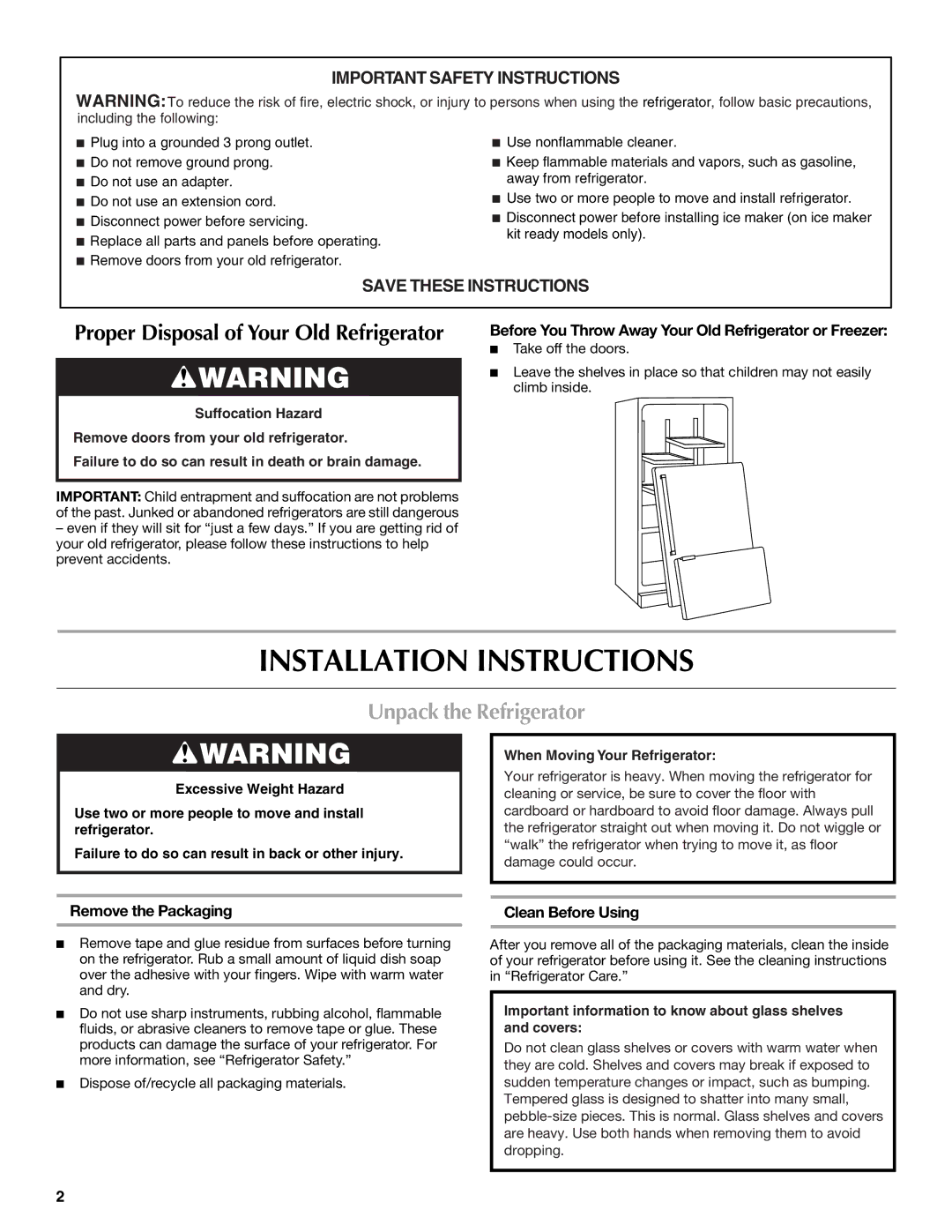 Maytag MFD2562VEW Installation Instructions, Unpack the Refrigerator, Remove the Packaging, Clean Before Using 